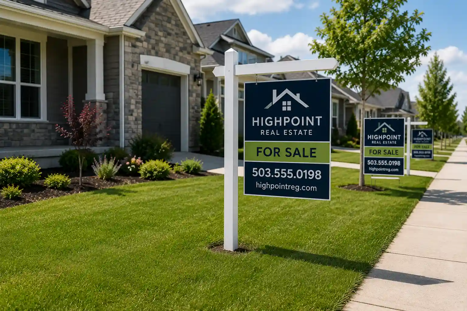 Highpoint Real Estate for sale signs installed along a neighborhood street